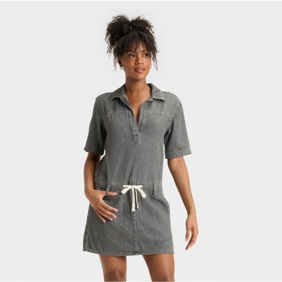 Universal Threads Short Sleeve Drop Waist Drawstring Mini Dress Black Gray Denim - Picture 1 of 7